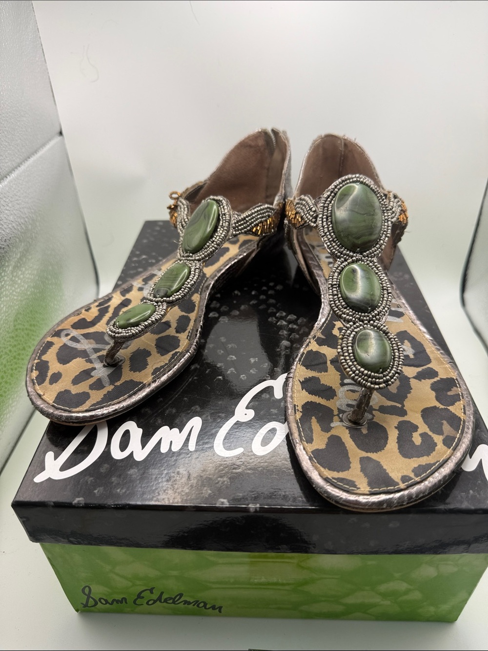 Sam Edelman Leopard Print Thong Sandals with Green Stone Accents